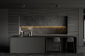 Minimalistic dark grey kitchen interior with bar