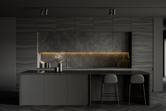 Minimalistic Dark Grey Kitchen Interior With Bar
