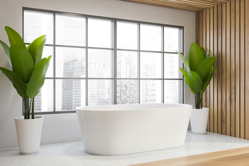 Panoramic white and wood bathroom corner with tub
