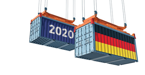 Trading 2020. Freight container with German flag. 3D Rendering 