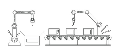 Conveyor assembly line in flat style. Automatic production line concept. Industrial mass production conveyor. 
