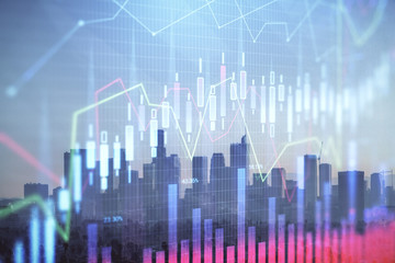 Fototapeta premium Forex chart on cityscape with skyscrapers wallpaper double exposure. Financial research concept.