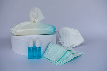 Set of germ protection of Corona virus (Covid-19) with Medical mask alcohol sanitizer gel bottle wet wipes and tissue paper.Antiseptic,disinfection ,cleanliness and heathcare, anti virus concept.