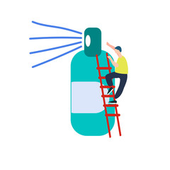 Man climbing a giant spray sanitizer. Vector illustration in abstract flat style. Antiseptic advertisement template. Hygiene during infection outbreak concept. Covid-19 awareness concept