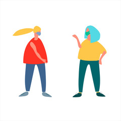Social distancing rule during coronavirus quarantine. Covid-19 awareness concept. Two masked women standing opposite each other. Vector illustration in flat style