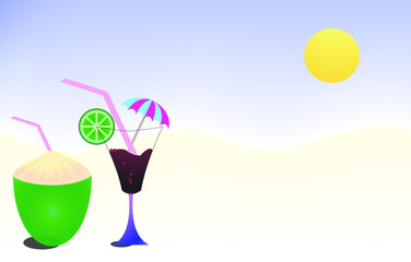 glass of lemon juice vector on beach with coconut and umbrella