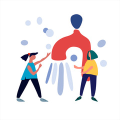 Women beside a giant turned-on faucet. Vector illustration in abstract flat style. Hygiene during coronavirus outbreak concept. Covid-19 awareness concept.