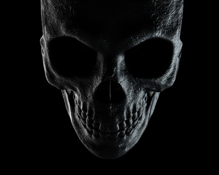 Frightening Human Skull Emerging From Darkness. Horror, Death And Halloween Black Background. 3d Rendering.