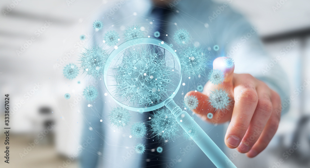Poster man analyzing holographic coronavirus projection through magnifying glass 3d rendering