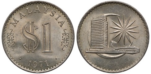 Malaysia Malaysian coin 1 one ringgit 1971, regular issue, denomination and date flanked by small...