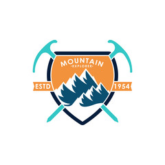 Mountain logo vector illustration. Mountain badge design vector template design. Trendy Mountains logo design vector illustration template for Outdoor Adventure.