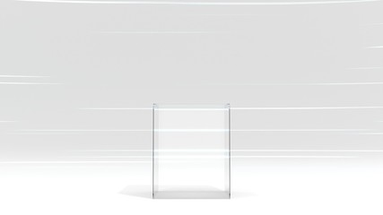 3D Rendering of cubic shape glass pedestal on soft grey background with led strip light. For general product podium display