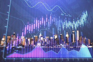 Financial graph on night city scape with tall buildings background double exposure. Analysis concept.