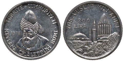 Turkey Turkish silver coin 200 two hundred lira 1978, subject 705 Anniversary – Death of Persian...