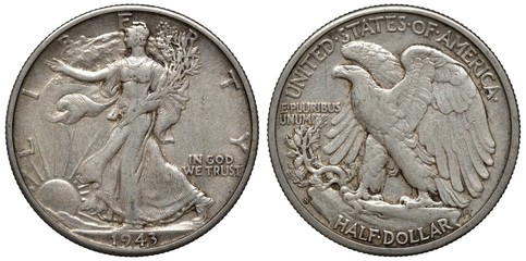 United States US silver coin 1/2 half dollar 1943, walking Liberty, radiant sun bottom left, eagle...