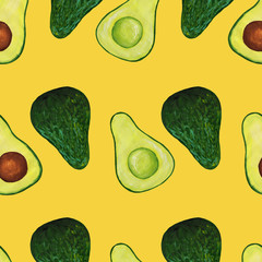 whole avocado, half avocado with bone, half avocado without bone isolated on yellow background seamless pattern. Hand-drawn raster square illustration with avocado in realistic style.