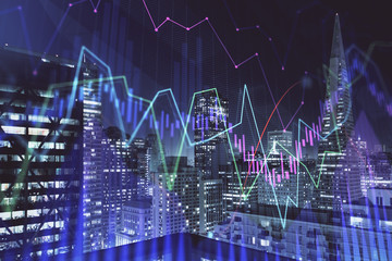 Financial graph on night city scape with tall buildings background multi exposure. Analysis concept.