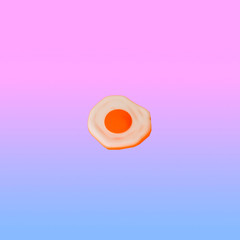 Fried eggs levitate on a gradient pink and blue background.