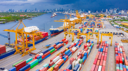 Logistics and transportation of Container Cargo ship and Cargo import/export and business logistics, Shipping , Top view ,Aerial view from drone