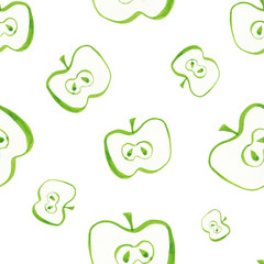 Raster square hand drawn illustration of a green watercolor apple isolated on a white background. Seamless pattern with half a green apple.