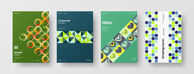 Fototapeta premium Business presentation vector A4 vertical orientation front page mock up set. Corporate report cover abstract geometric illustration design layout bundle. Company identity brochure template collection.