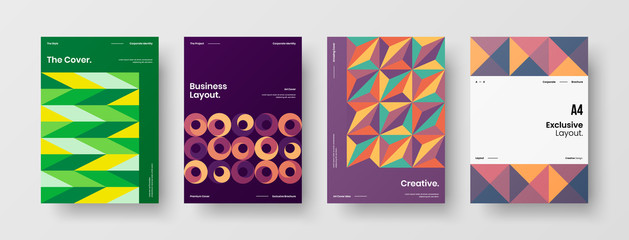 Business presentation vector A4 vertical orientation front page mock up set. Corporate report cover abstract geometric illustration design layout bundle. Company identity brochure template collection.