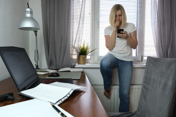 European caucasian business woman freelancer working remotely during quarantine of virus infection,...