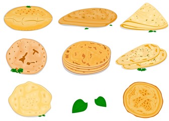All indian Roti and Bread like Chapati, Rumali Roti, Kulcha, Paratha, Naan, Fulka, Laccha Vector