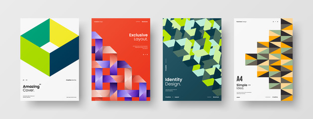 Fototapeta premium Business presentation vector A4 vertical orientation front page mock up set. Corporate report cover abstract geometric illustration design layout bundle. Company identity brochure template collection.