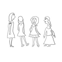 Set of woman silhouettes with different hairstyles and dress. Outline contour female figures on white background. Funny cartoon style illustration.