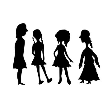 Set of woman silhouettes with different hairstyles and dress. Black female figures on white background. Funny cartoon style illustration