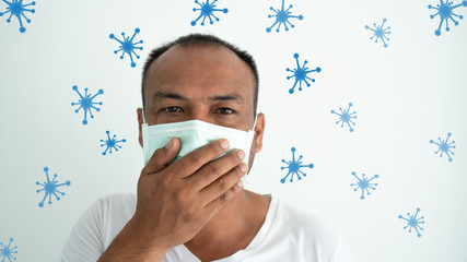 Young man sick and wearing mask on face