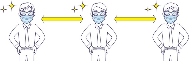 マスクをして適度な距離を保つ男性たち