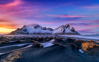 Famous Stokksness beach in Iceland during sunset