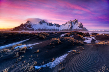 Famous Stokksness beach in Iceland during sunset