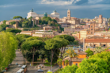 Fototapeta na wymiar Panoramic view from the Orange Garden (Giardino degli Aranci) on the aventine hill in Rome, Italy.