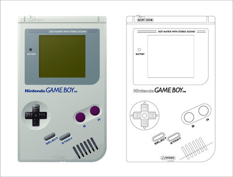 A technical drawing and vector illustration of a vintage 1989 Nintendo Gameboy - March 29, 2019 in Bristol, United Kingdom