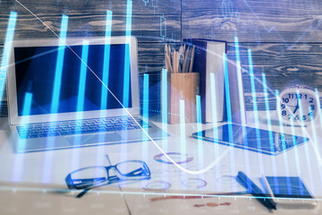 Multi exposure of forex graph and work space with computer. Concept of international online trading.