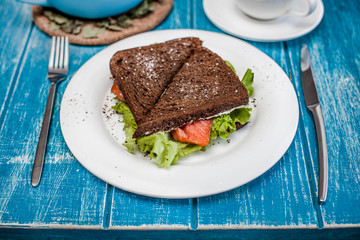 Tasty sandwich with red fish and lettuce on a plate