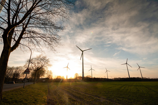 Big Wind Turbines in sunset, Saerbeck Germany