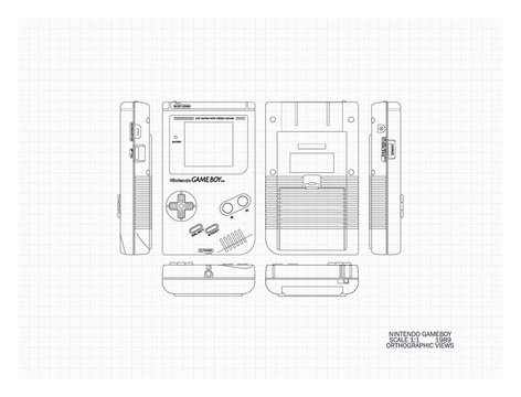 A technical drawing showing orthographic views of a vintage 1989 Nintendo Gameboy - March 29, 2019 in Bristol, United Kingdom