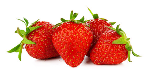 Strawberries with leaves isolated on a white background.