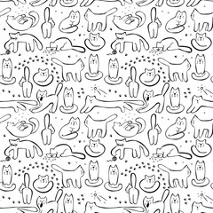 Scetched doodle black and white seamless pattern with cats