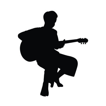 Young man with guitar silhouette vector on white