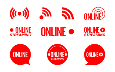 Live streaming logo - red vector design element with play button for news and TV or online broadcasting. Vector illustration.