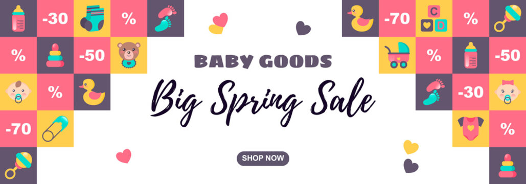 Horizontal Banner For Baby Goods Sale. Vector Illustration