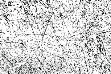 Grunge texture of an old scratched surface. Monochrome background of a damaged wall with spots, scratches, noise and graininess. Overlay template. Vector illustration