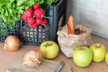 Obraz na płótnie Canvas carrots organic vegetable and three apples in paper sachet, radish and onions