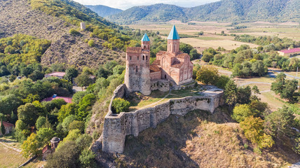 Beautiful Gremi fortress on the hill, sightseeing tourism in Georgia. Aerial view.