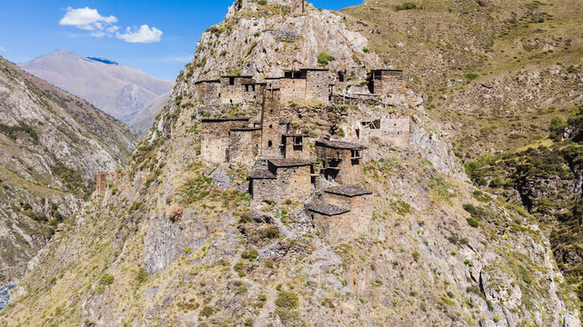 Ancient City-Fortress Mutso, Khevsureti, Georgia. Aerial view.
